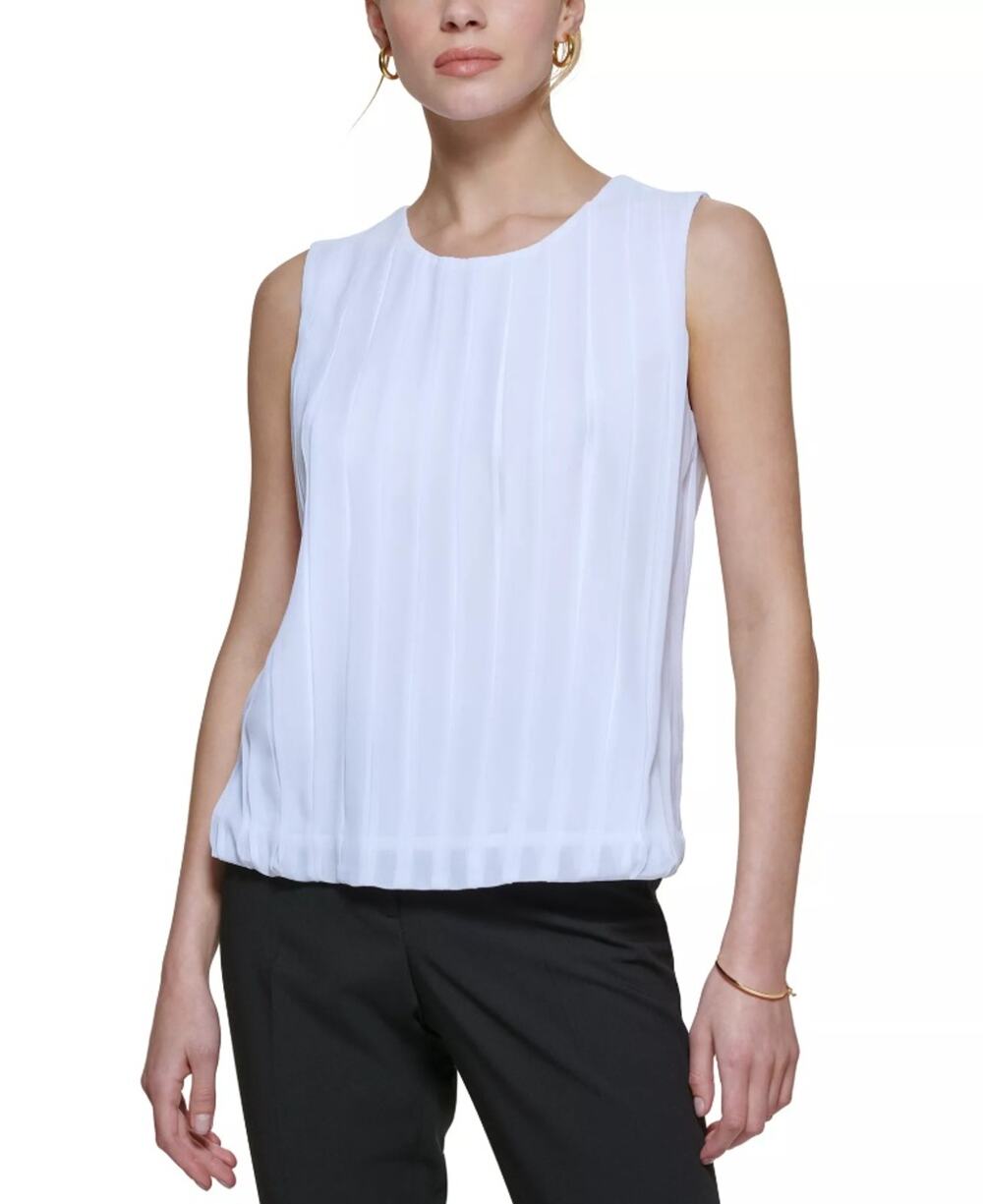 Calvin Klein Women White Chiffon Sleeveless Pleated Bubble Hem Blouse Size L